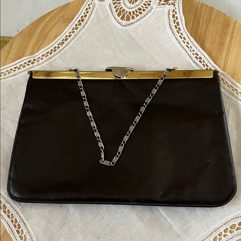 Etra 1960's Vintage Envelope Clutch Genuine Leather Purse Taupe Gold Trim/Chain
